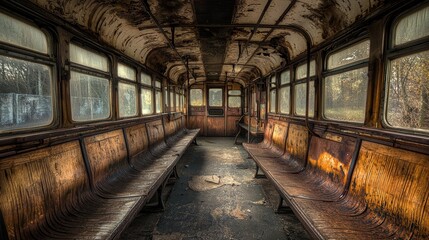 Obraz premium Abandoned Rusty Tram Interior: A Glimpse into Decay
