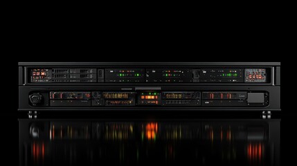 Professional audio mixing console with illuminated controls and meters.