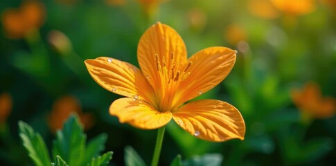 Orange flower droplets glisten on green leaves, flowers, glisten