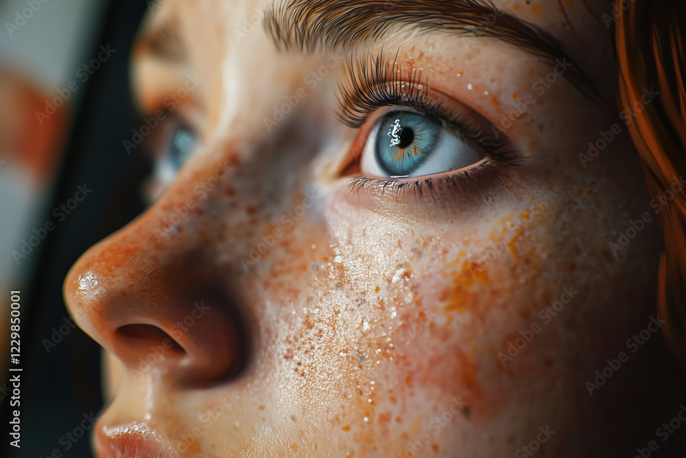 Poster close-up view of a mesmerizing ai art generator showcasing detailed facial features and lifelike eye
