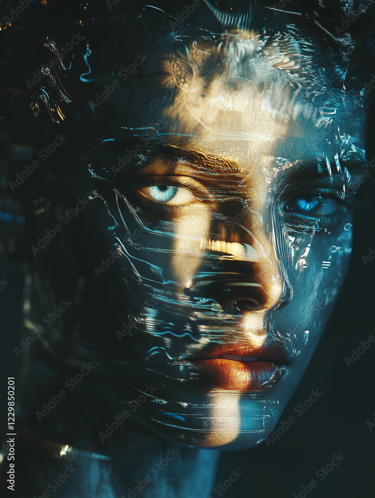 Poster human-like ai character displayed in a futuristic setting with intricate light reflections and an en