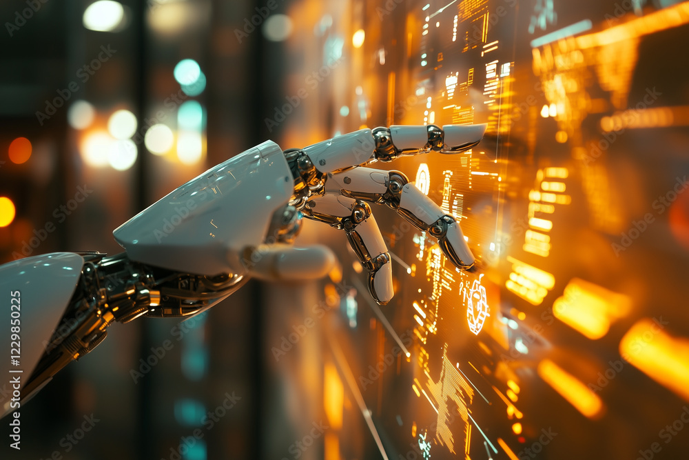 Poster robotic hand engages with a glowing interface in a futuristic setting at night