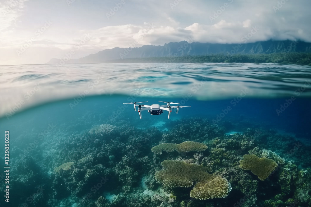 Poster scenic ocean view with ai-controlled drone exploring underwater coral reef in clear waters during da