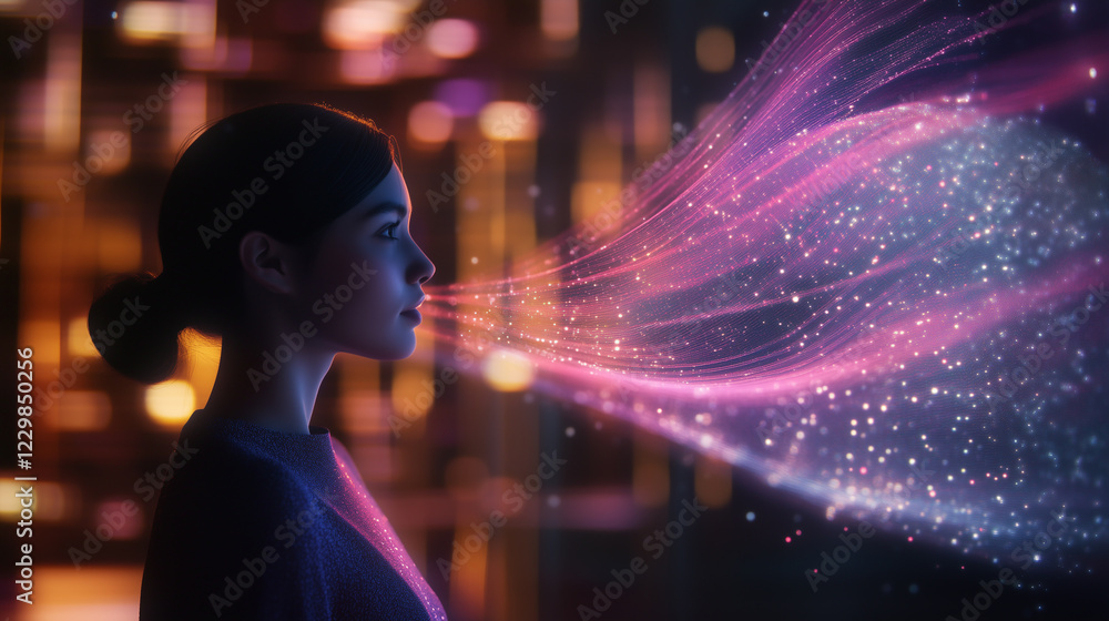 Aufkleber digital dialogue between artificial intelligence systems depicted through a woman interacting with v