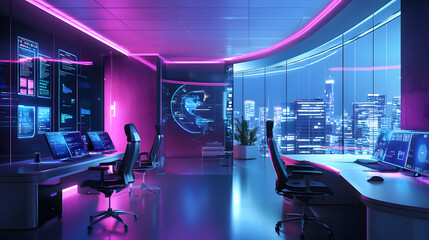 Smart office setup in a futuristic office with voice-controlled lighting, adjustable smart desks, and touchscreen panels integrated into furniture