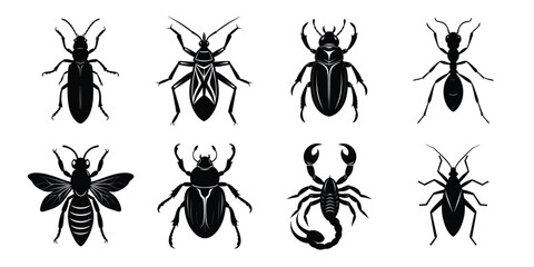 Set of insects silhouettes. Vector illustrations poisonous insects isolated on white background