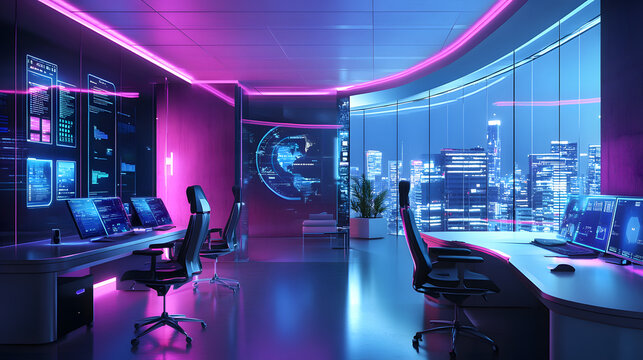 Smart office setup in a futuristic office with voice-controlled lighting, adjustable smart desks, and touchscreen panels integrated into furniture