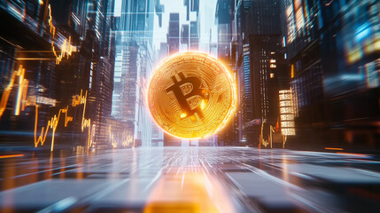 Sleek futuristic visualization of Bitcoin in a digital urban landscape showcasing rapid financial growth and innovation