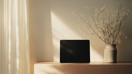 Black laptop placed on a wooden table beside a vase with white dried flowers, bathed in soft sunlight coming through light, creating a peaceful and minimalist workspace scene.
