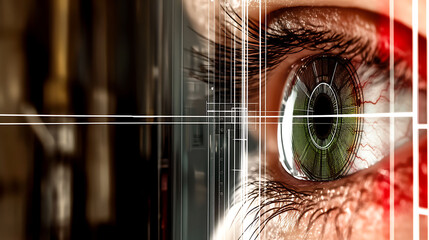 Closeup of a human eye overlaid with futuristic digital grid  abstract concept of technology, biometrics, or identity.  Ideal for tech, security, or medical projects.  Intriguing visual, high detail.