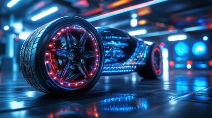Futuristic car tire with embedded LED patterns in a virtual showroom setting