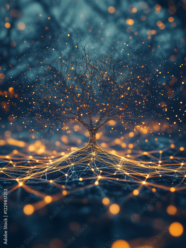 Poster conceptual representation of artificial intelligence blending nature and technology in a dark enviro