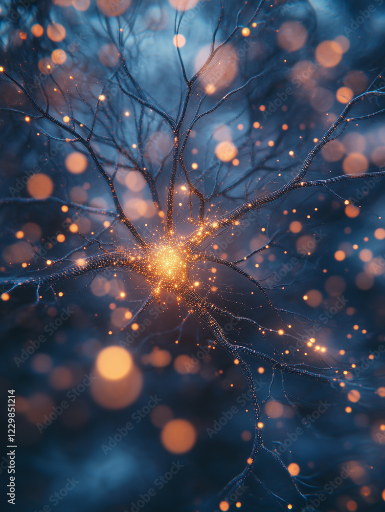 Poster concept of artificial intelligence represented through glowing neural connections in a dark, etherea