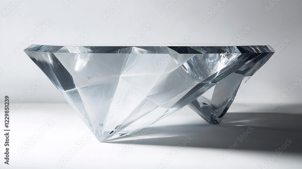 Poster a modern transparent table with a unique diamond-like design sitting on a white background