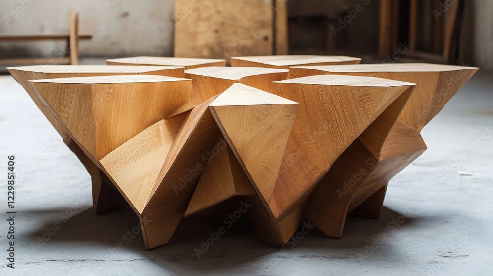 Poster wooden geometric table with multiple sections and angular design for modern interiors
