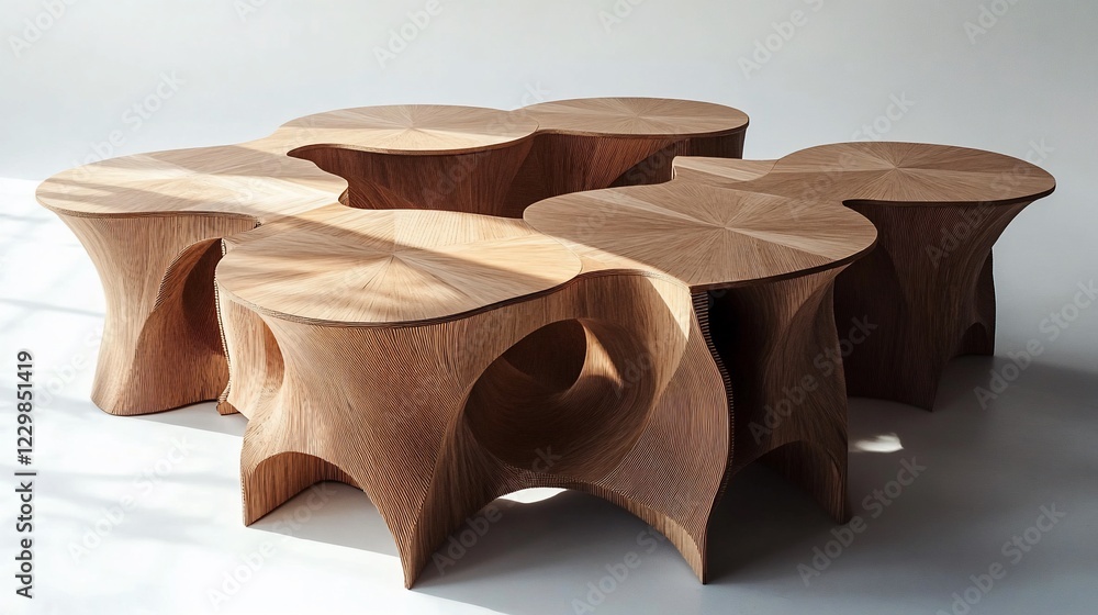 Poster elegant set of interconnected wooden tables with unique flowing organic designs in a studio setting