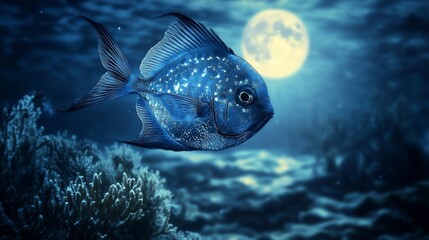 Blue Fish Floating in the Ocean with the Moon in Background creating a dreamy atmosphere