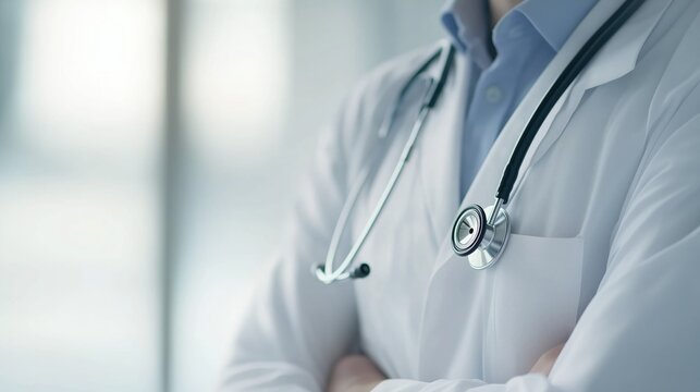 Doctor in white medical coat with stethoscope around neck, standing with arms crossed, creating a professional and composed image, ideal for medical, healthcare - related content.