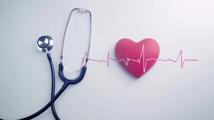 Stethoscope and a red heart with an electrocardiogram (ECG) line connecting them, placed on a light - colored background, representing health and cardiology, suitable for medical - related content.