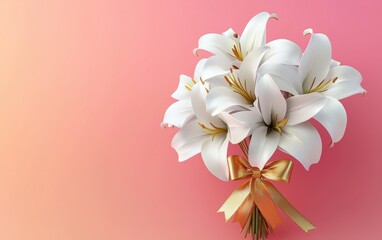 Naklejka premium bouquet of white lilies tied with a golden ribbon, placed on a pastel pink gradient background. Valentines Day and 8 March theme