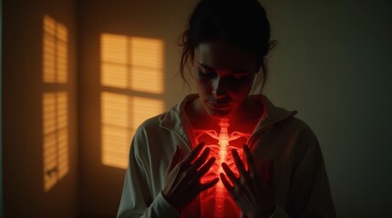 Hand clutches chest with fingers digging into fabric and a faint pulsating glow illuminating the darkness