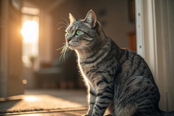 Adorable Gray Tabby Cat with Bokeh Background - Cozy Home Portrait