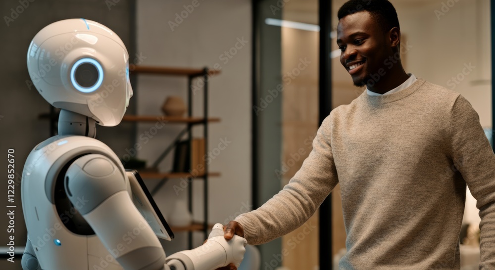 Poster man in casual sweater shaking hands with humanoid robot in modern office setting