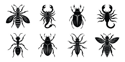 Set of insects silhouettes. Vector illustrations poisonous insects isolated on white background
