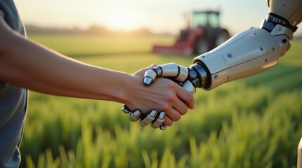 Robot and human shaking hands in a sunny field with a tractor in the background during evening hours