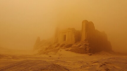 Ancient Ruins Engulfed in a Sandstorm Creates a Mysterious and Eerie Scene