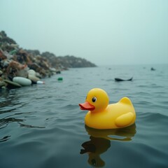 Yellow rubber duck floats in a polluted ocean surrounded by trash and debris