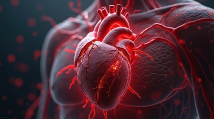 Photorealistic representation of a heart pulsating within a human body surrounded by vivid blood vessels