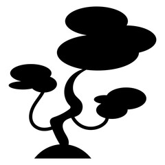 Black silhouette of fantasy tree. Abstract cartoon tree with strange shapes. Creative silhouette for decoration and design. Vector illustration isolated on white background.