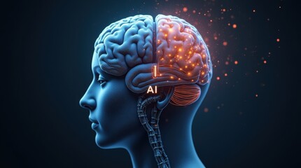 Human brain divided into two hemispheres, one showcasing human intelligence and the other artificial intelligence