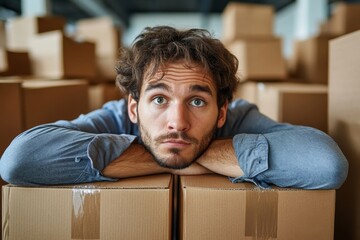 Man resting his head on boxes, looking tired and overwhelmed