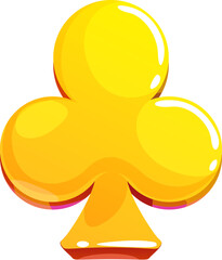 Golden club suit symbol or icon for poker card games playing with a vibrant glow. Cartoon vector gold asset for gambling, mobile applications, casino themes. Luxurious golden club sign with shiny glow