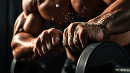 Closeup of a muscular individual preparing to lift weights in a dimly lit gym environment
