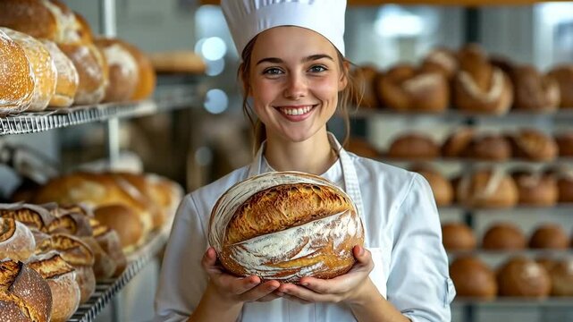 A skilled baker proudly presents a warm loaf of bread in a cozy bakery. Surrounding her are various types of bread, creating an inviting atmosphere.