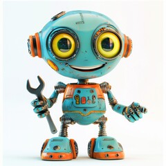 cartoon-style robot with colorful features, holding a wrench and smiling, placed on a bright white background