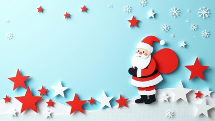 Santa Claus flying in the night sky surrounded by stars and snowflakes in a paper cut style illustration, stars, greeting, card