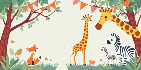 Safari background set with giraffe zebra fox lion vector illustration for birthday invitation postcard sticker, illustration, background, fox