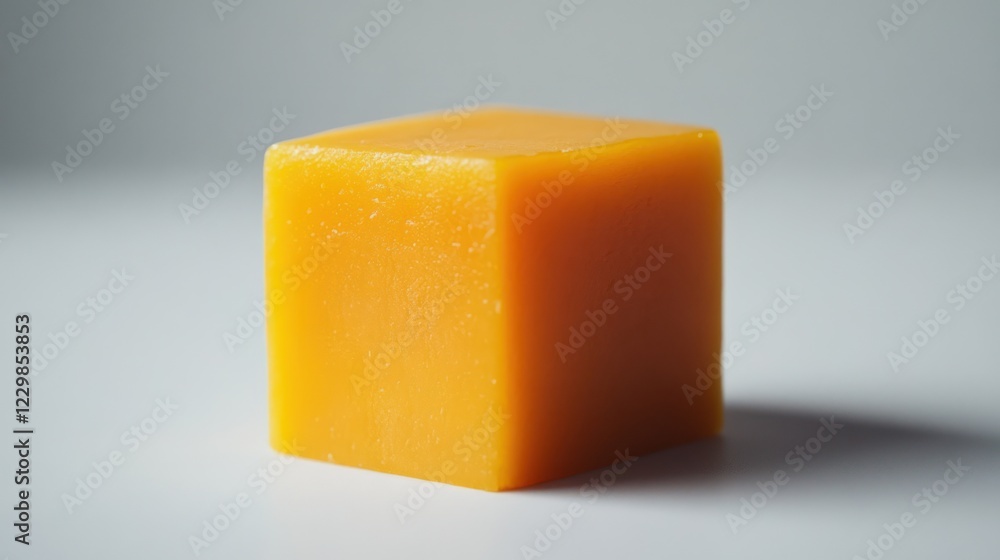 Poster close-up of a vibrant orange cube-shaped solid object on a white background.