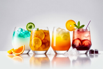 Bright healthy berries cocktails on a light background. Concept of summer vacations. Fresh fruit ice cold drinks for hot weather refreshment. Generative AI
