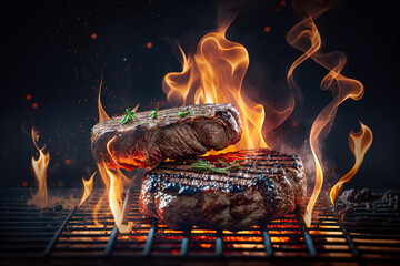 Beef steaks on the grill with flames. Generative AI