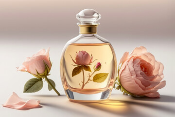 Bottle of rose essential oil and flowers on a pink background. Style organic cosmetics background. Generative AI