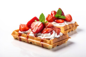 Belgian waffles with fresh strawberry and mint on white background. Generative AI