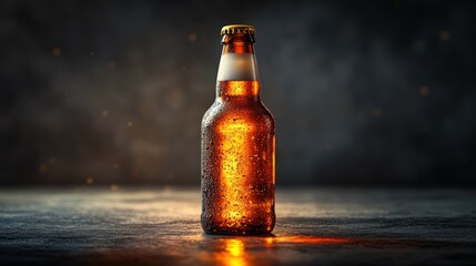 Chilled lager beer bottle with frosted glass on dark gray background