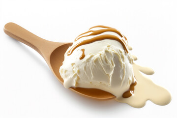 Vanilla ice cream with caramel on a wooden spoon on white background. Generative AI