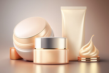 Skin care products in beige and golden colors. Beauty products, spa. Generative AI