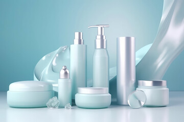 Skin care products in blue colors on a light blue silk background. Beauty products, spa. Generative AI